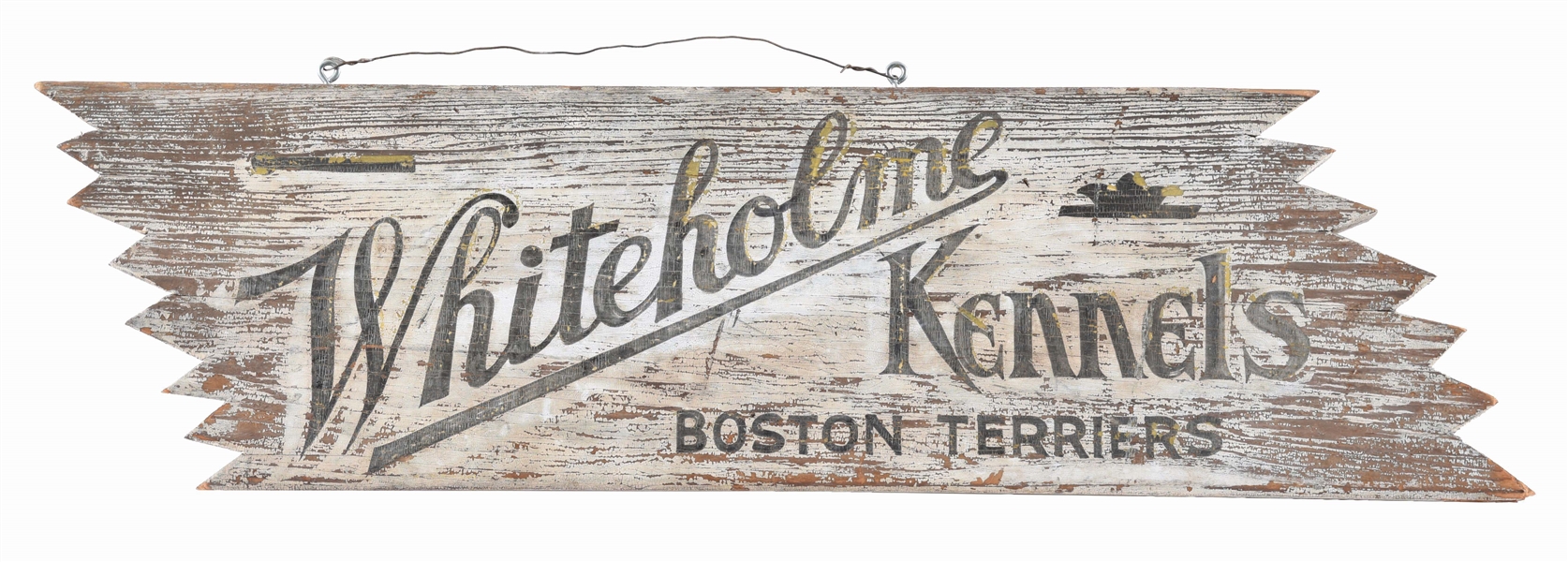 WHITEHOLME KENNELS BOSTON TERRIERS WOODEN SIGN.