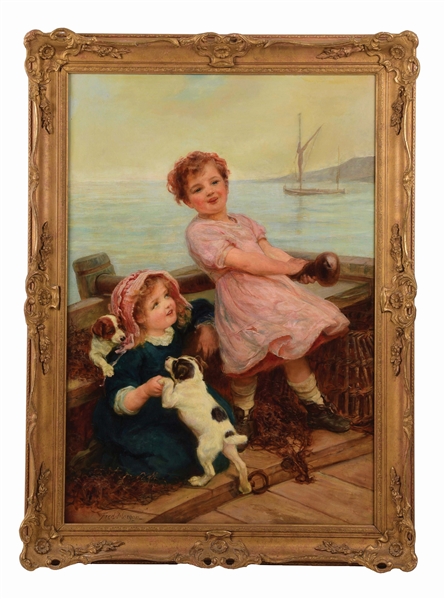 FREDERICK MORGAN (1847-1927, ENGLISH) PAINTING OF TWO GIRLS AND PUPPIES ON A BOAT.