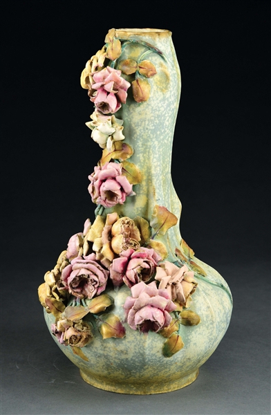 AMPHORA VASE WITH APPLIED ROSES.