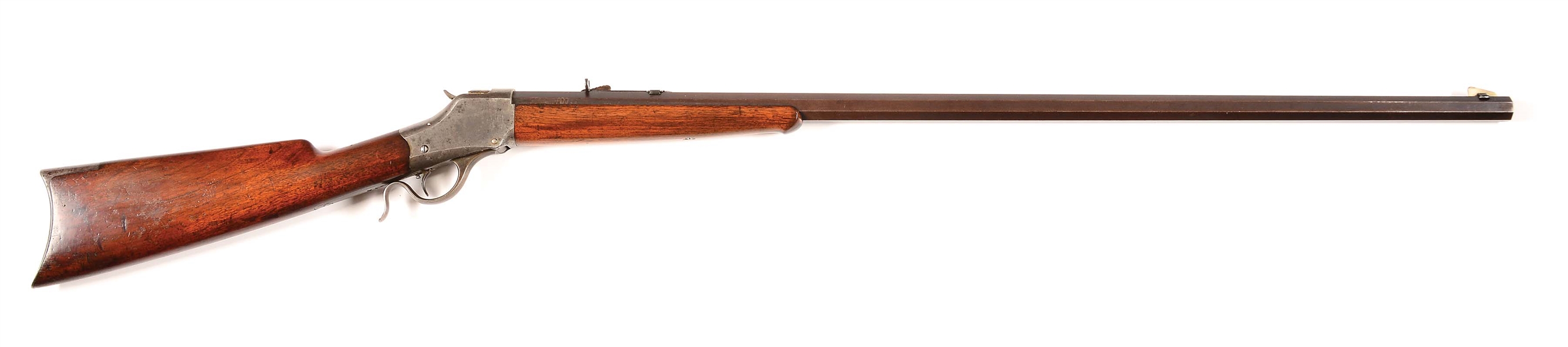 (A) WINCHESTER THICKSIDE HIGHWALL SINGLE SHOT RIFLE WITH EXTRA LENGTH BARREL.