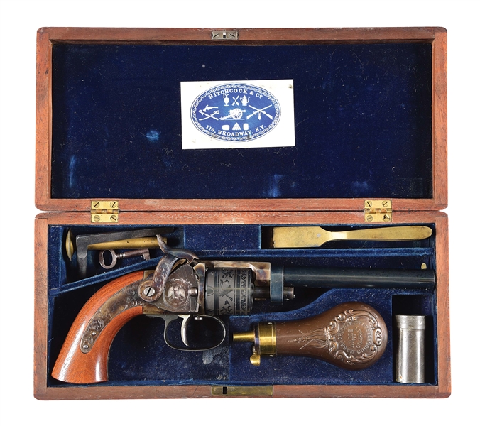 (A) EXTREMELY FINE MASSACHUSETTS ARMS COMPANY MAYNARD PERCUSSION BELT REVOLVER IN CASE WITH ACCOUTREMENTS. 