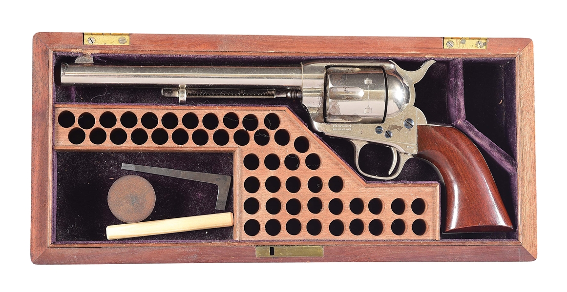 (A) HIGH CONDITION AND EARLY PRODUCTION COLT SINGLE ACTION CIVILIAN REVOLER IN EXTREMELY RARE AMERICAN WALNUT CASE.