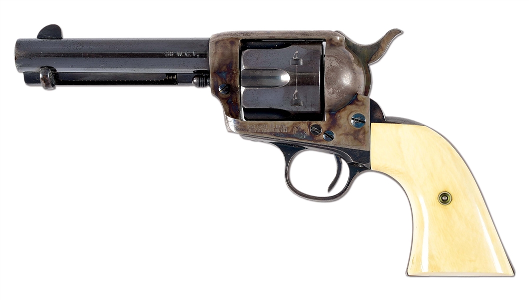 (C) COLT SINGLE ACTION ARMY REVOLVER WITH TOOLED LEATHER BELT AND HOLSTER RIG.