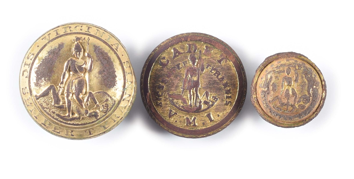 LOT OF 3: CIVIL WAR CONFEDERATE VIRGINIA UNIFORM BUTTONS INCLUDING VMI CADET BUTTON RECOVERED FROM BATTLEFIELDS