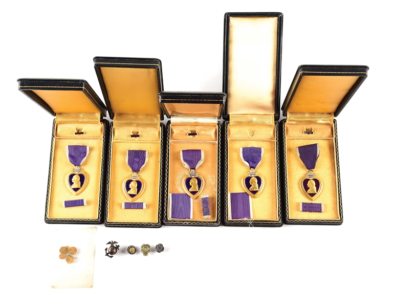 LOT OF 5: UNENGRAVED WWII PURPLE HEARTS WITH RARE "ONE LINE" BOXES