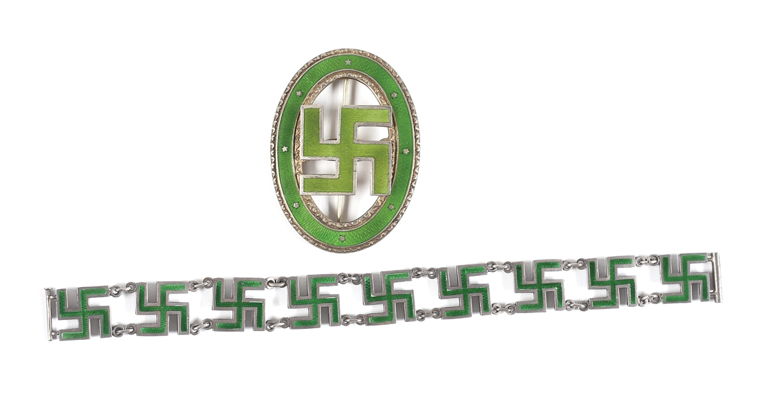 LOT OF 2: EVA BRAUNS SILVER BROACH AND BRACELET WITH GREEN SWASTIKA.
