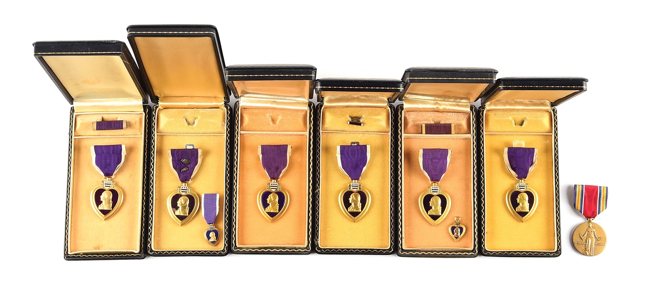 LOT OF 6: US WWII NUMBERED PURPLE HEART MEDALS WITH CASES