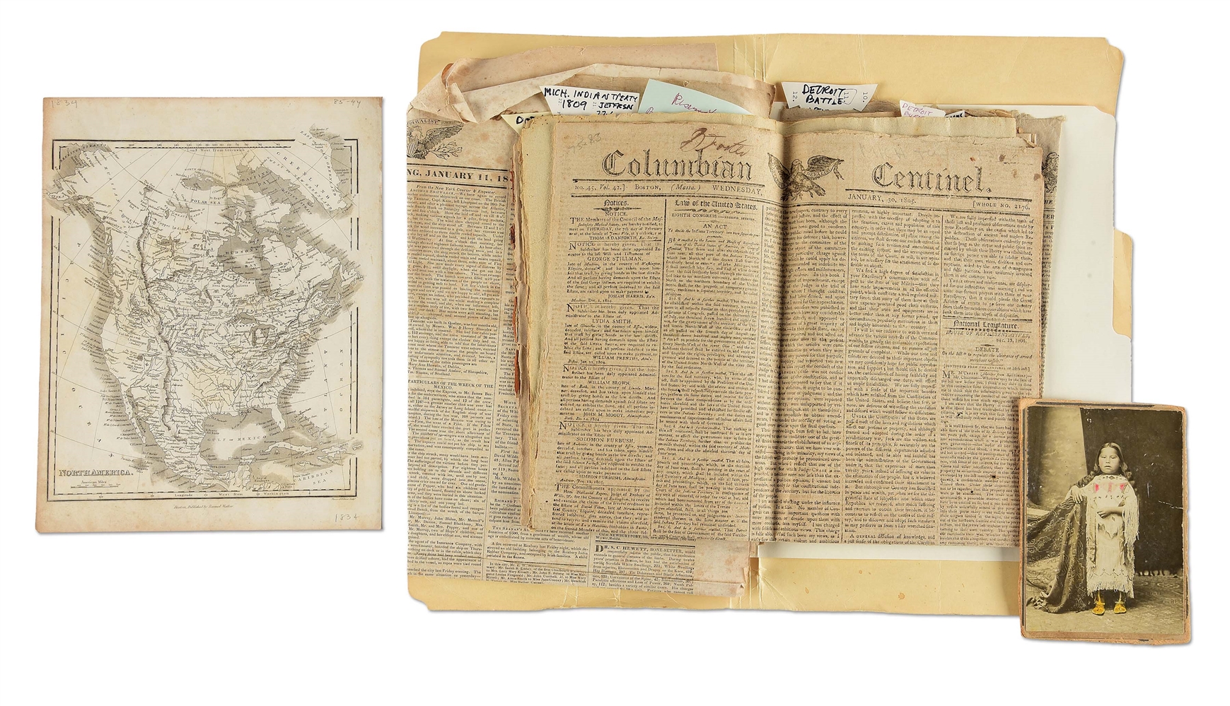 LOT OF EPHEMERA INCLUDING 1834 MAP OF NEW YORK, CABINET CARD OF INDIAN CHILD, AND SEVERAL NEWSPAPERS WITH ARTICLES REFERING TO NATIVES.
