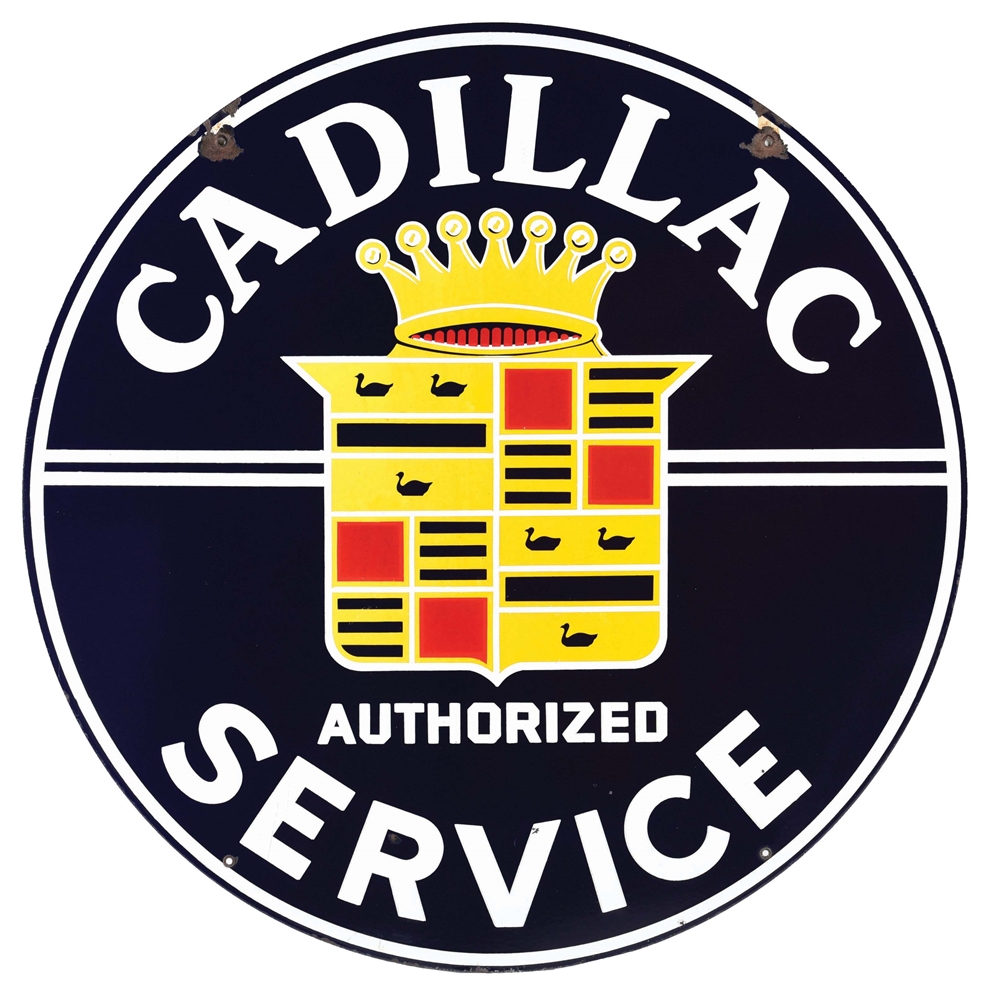 OUTSTANDING CADILLAC AUTHORIZED SERVICE PORCELAIN SIGN W/ CREST & CROWN GRAPHIC. 