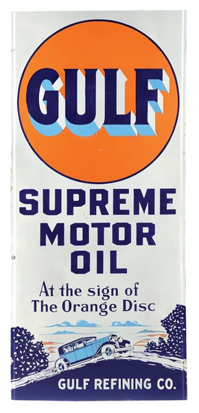 GULF SUPREME MOTOR OIL PORCELAIN LIGHTHOUSE SIGN W/ CAR GRAPHIC. 