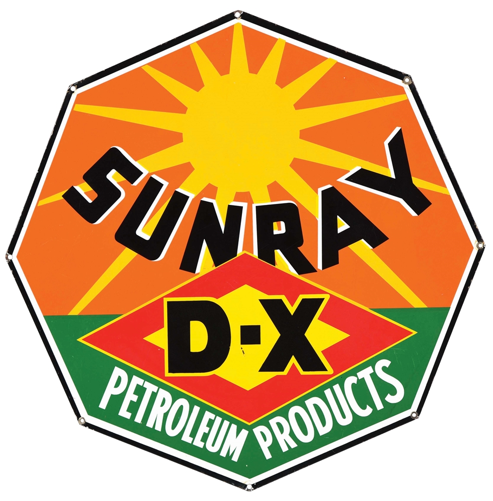 OUTSTANDING SUNRAY D-X PETROLEUM PRODUCTS PORCELAIN SIGN.