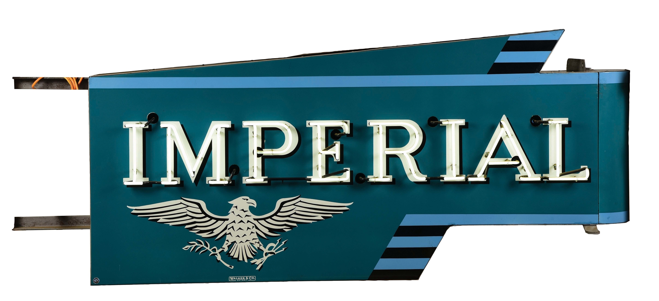 RARE & OUTSTANDING IMPERIAL AUTOMOBILES PORCELAIN & NEON DEALERSHIP SIGN W/ BULLNOSE ATTACHMENT.  