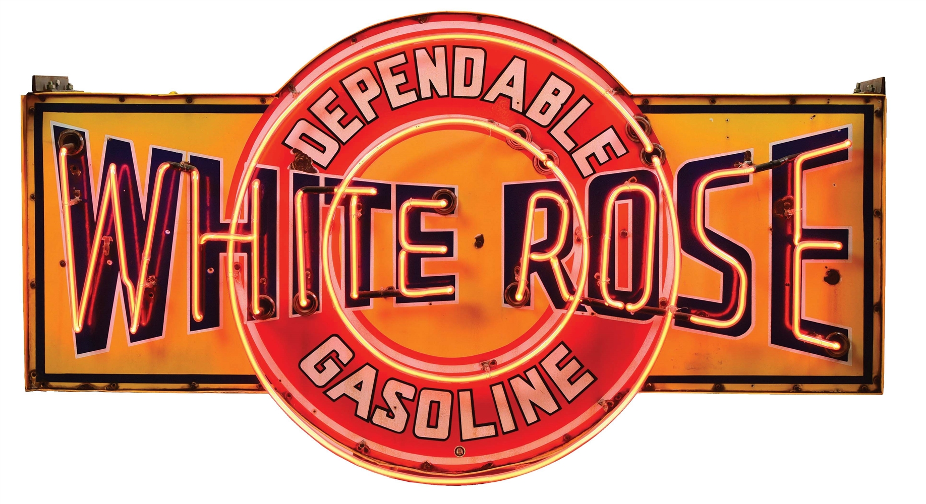 RARE WHITE ROSE DEPENDABLE GASOLINE COMPLETE PORCELAIN NEON SIGN ON ORIGINAL CAN. 