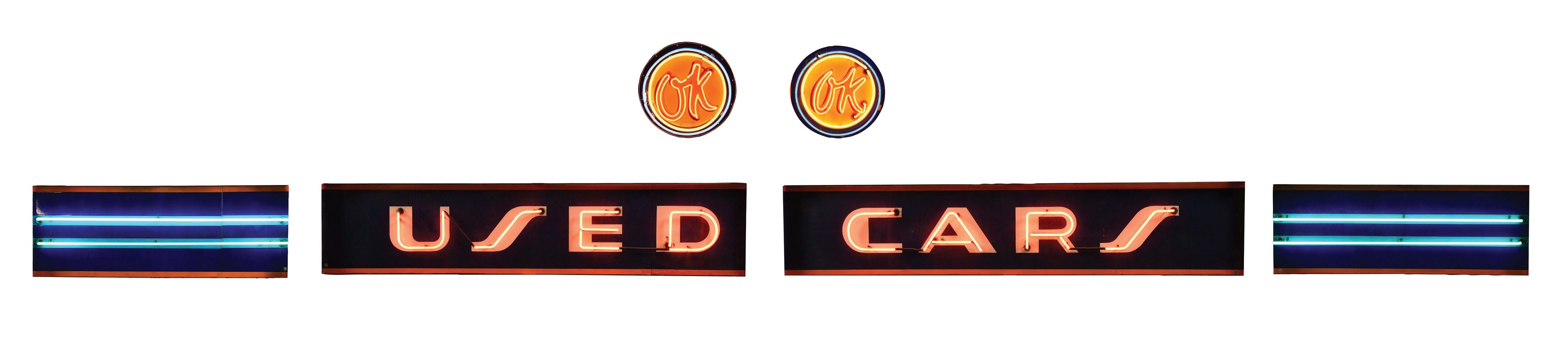 LARGE & OUTSTANDING SIX PIECE PORCELAIN OK USED CARS NEON STRIP SIGN W/ OK USED CAR NEON TOPPER SIGNS. 