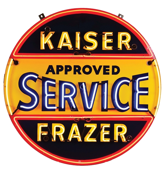 KAISER FRAZER AUTOMOBILES APPROVED SERVICE PORCELAIN SIGN W/ ADDED NEON. 