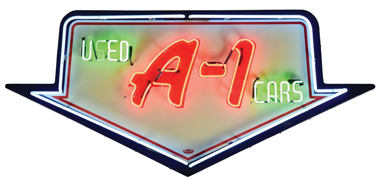 A-1 USED CARS DIE CUT PORCELAIN SIGN W/ ADDED NEON. 