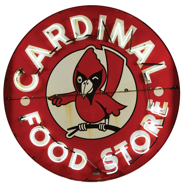CARDINAL FOOD STORE PORCELAIN SIGN W/ CARDINAL GRAPHIC & ADDED NEON. 