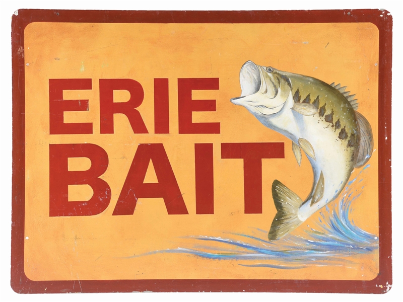 DOUBLE-SIDED PAINTED METAL ERIE BAIT SIGN.