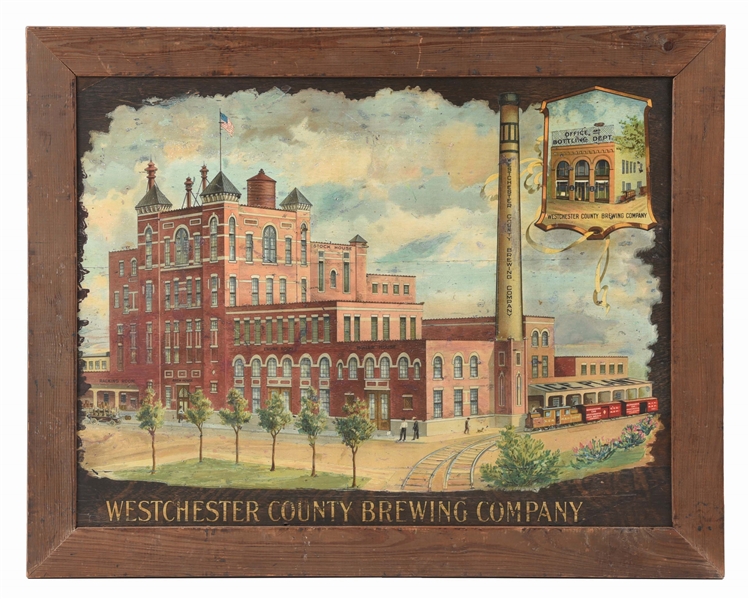 PAINTED WOOD WESTCHESTER COUNTY BREWING CO. FRAMED SIGN.