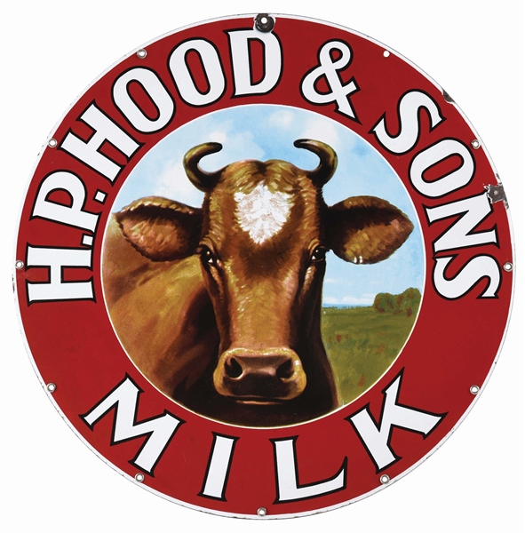 RARE & OUTSTANDING H.P. HOOD & SONS MILK PORCELAIN SIGN W/ COW GRAPHIC. 