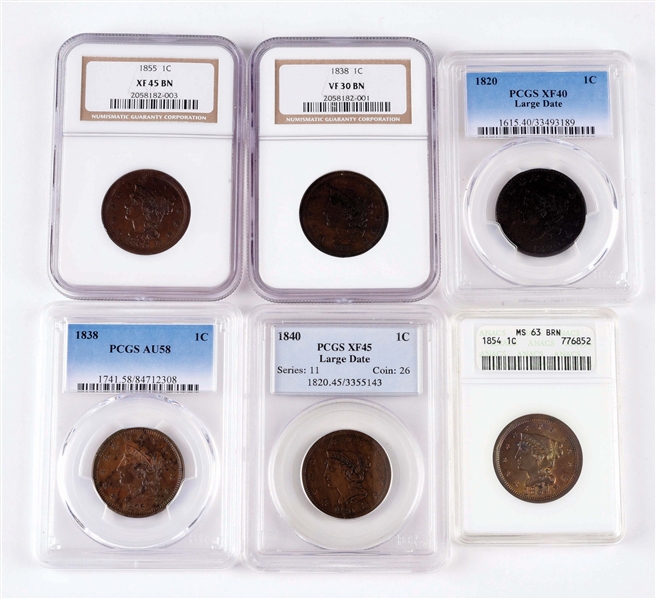 LOT OF 6: LARGE CENTS ALL GRADED. 