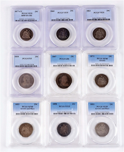 LOT OF 9: DRAPED BUST AND SEATED LIBERTY QUARTERS ALL GRADED. 