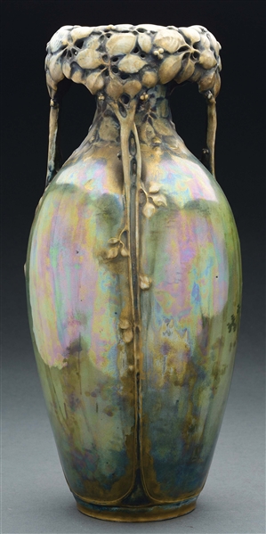 AMPHORA TALL RETICULATED FLORAL TOP VASE.