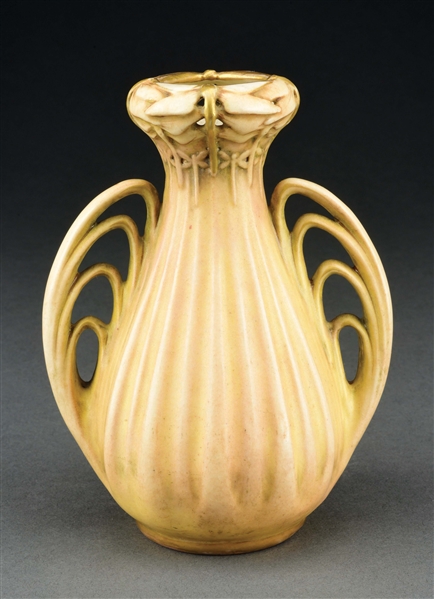 PAUL DACHSEL 2-HANDLED DRAGONFLY VASE WITH RETICULATED TOP.