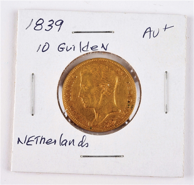 1839 NETHERLAND 10 GUILDEN GOLD COIN.