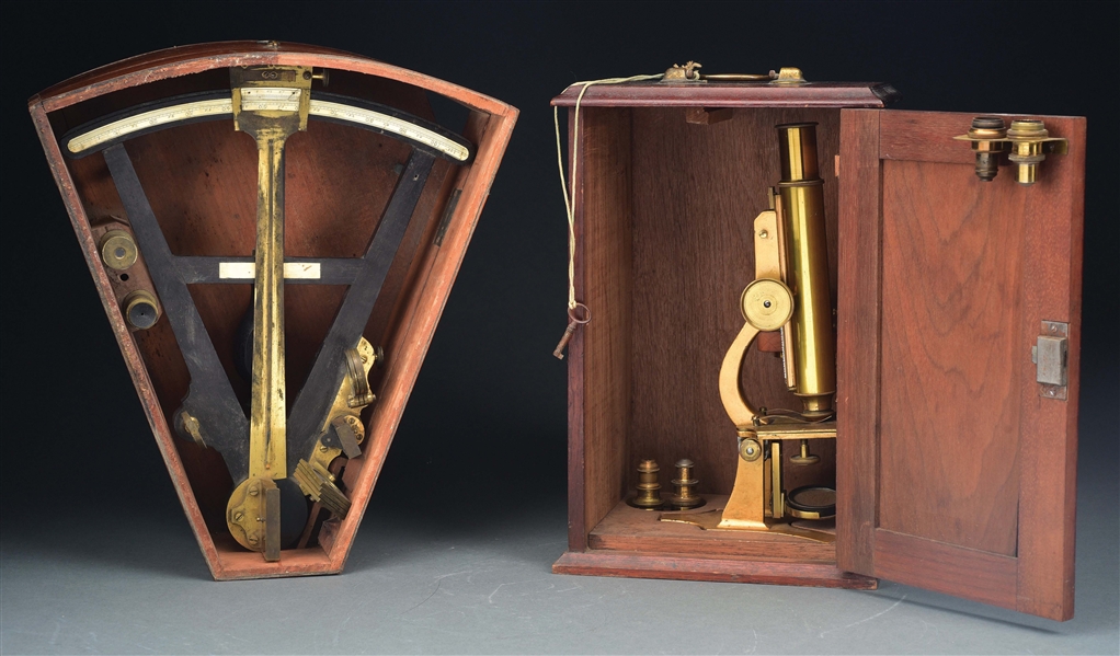LOT OF 2: BRASS MICROSCOPE AND SEXTANT.