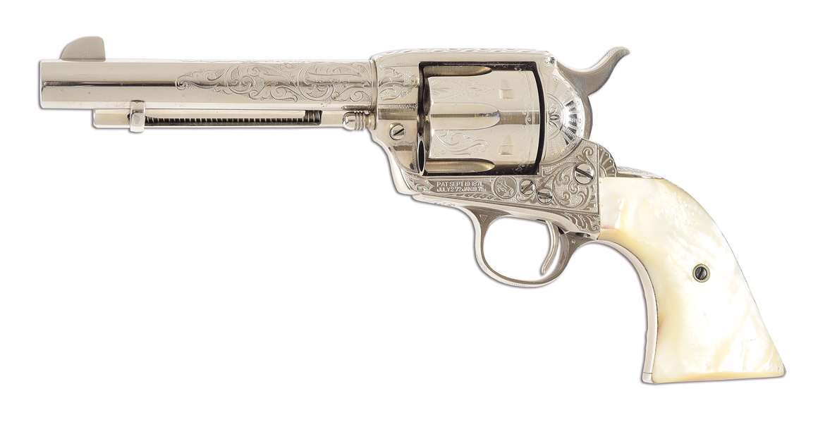 (C) NEAR MINT FACTORY ENGRAVED COLT SINGLE ACTION ARMY REVOLVER WITH CARVED EAGLE PEARL GRIPS.
