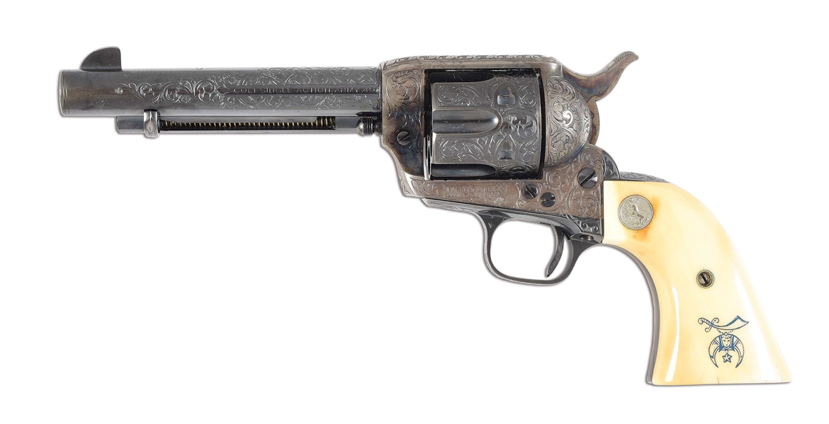 (C) HIGH CONDITION PRE-WAR FACTORY ENGRAVED COLT SINGLE ACTION ARMY REVOLVER WITH RARE SHRINE INLAID IVORY GRIPS.
