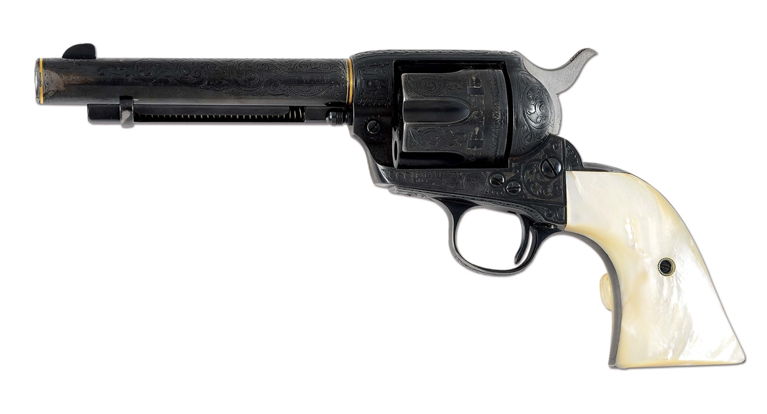 (C) HELFRICHT ENGRAVED AND FACTORY GOLD INLAID 1907 COLT SINGLE ACTION ARMY SHIPPED TO FAMOUS NEW MEXICO LAWMAN FRED LAMBERT.