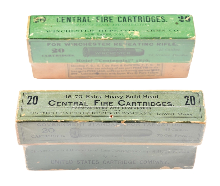 LOT OF 2: UNITED STATES CARTRIDGE COMPANY .45-70 AND WINCHESTER .45-75 2-PIECE CARTRIDGE BOXES.