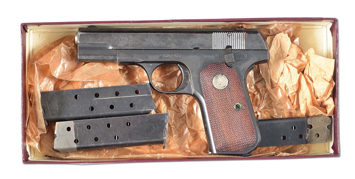 (C) COLT MODEL 1903 SEMI-AUTOMATIC PISTOL WITH BOX AND ADDITIONAL MAGAZINES.