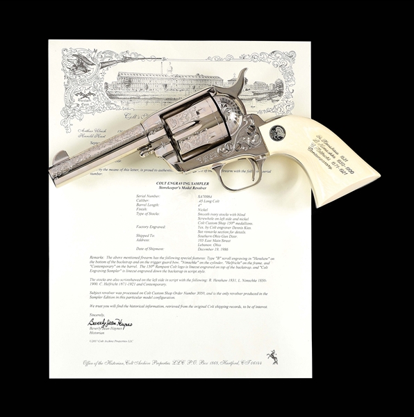 (M) COLT CUSTOM SHOP ENGRAVING SAMPLER "STOREKEEPER" MODEL SINGLE ACTION ARMY REVOLVER WITH FACTORY LETTER DOUMENTING THE ONLY ONE BUILT IN THIS CONFIGURATION.