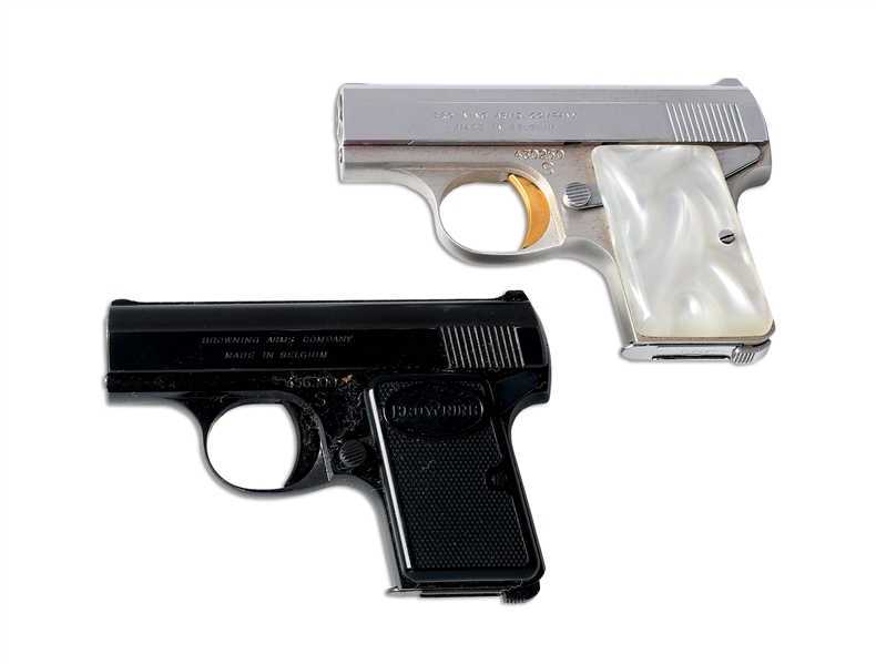 (C) LOT OF 2: BROWNING BABY .25 ACP SEMI-AUTOMATIC PISTOLS WITH FACTORY SOFT CASES.