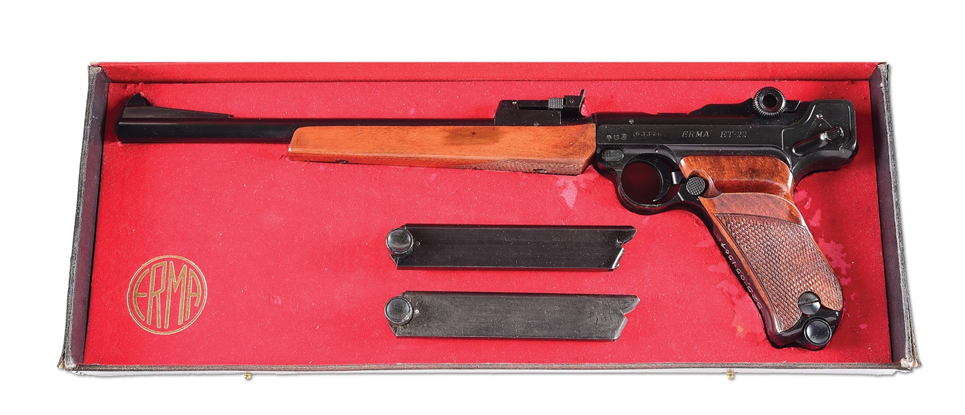 (C) RARE ERMA ET-22 "NAVY LUGER" SEMI-AUTOMATIC .22 LR PISTOL WITH LEATHERETTE CASE & MATCHING FACTORY BOX.