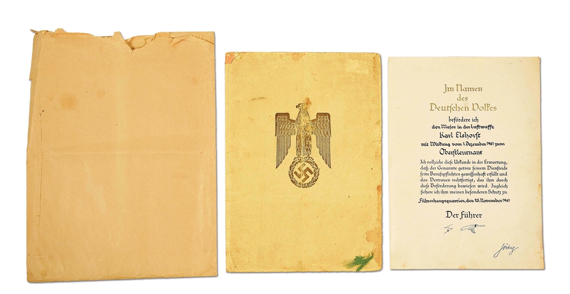 THIRD REICH LUFTWAFFE OFFICER PROMOTION DOCUMENT SIGNED BY HITLER AND GOERING