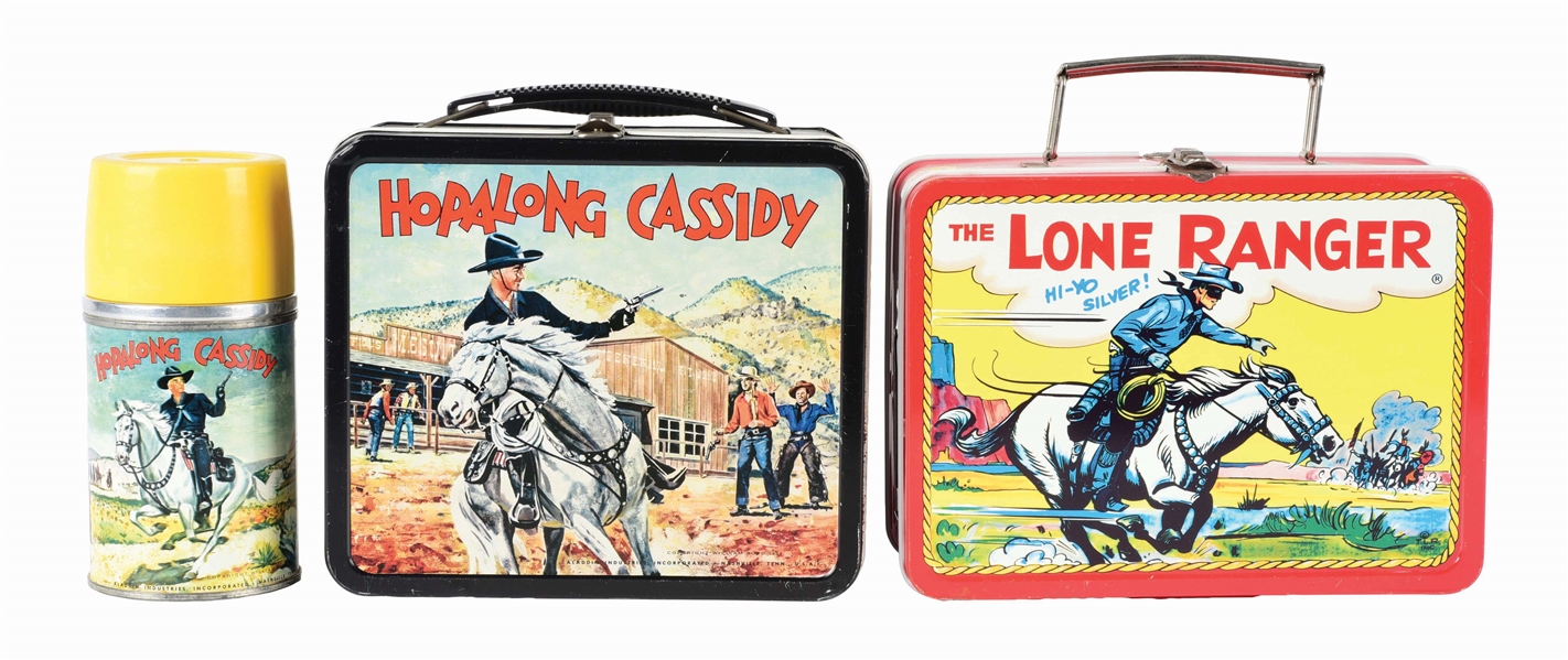 LOT OF 2: 1950S TIN LITHO HOPALONG CASSIDY AND LONE RANGER LUNCH BOXES.