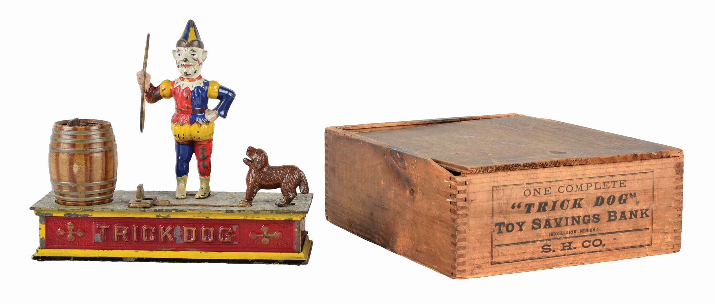 CAST IRON SHEPARD TRICK DOG MECHANICAL BANK WITH BOX.