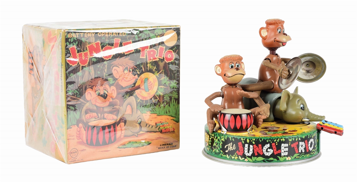 JAPANESE LINEMAR TIN LITHO AND VINYL BATTERY-OPERATED JUNGLE TRIO TOY.