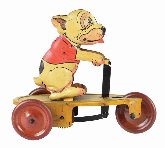 GERMAN TIN LITHO WIND-UP BONZO SCOOTER TOY.