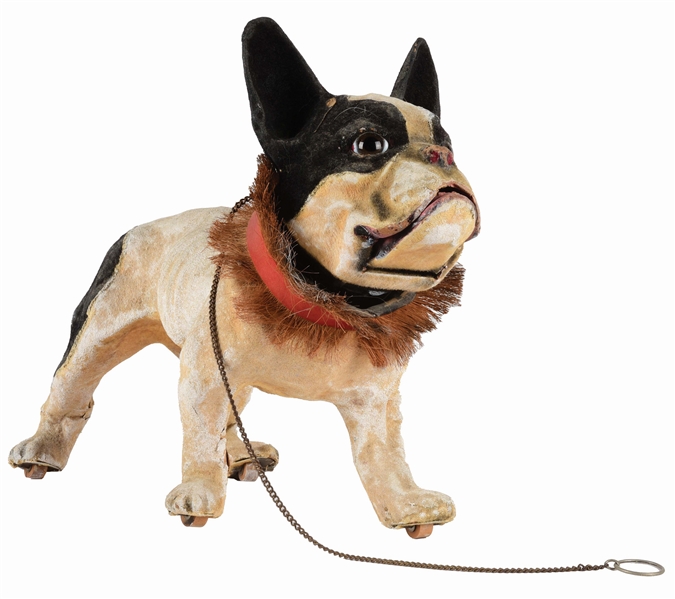 EARLY FRENCH PAPER MACHE TOY BULLDOG.