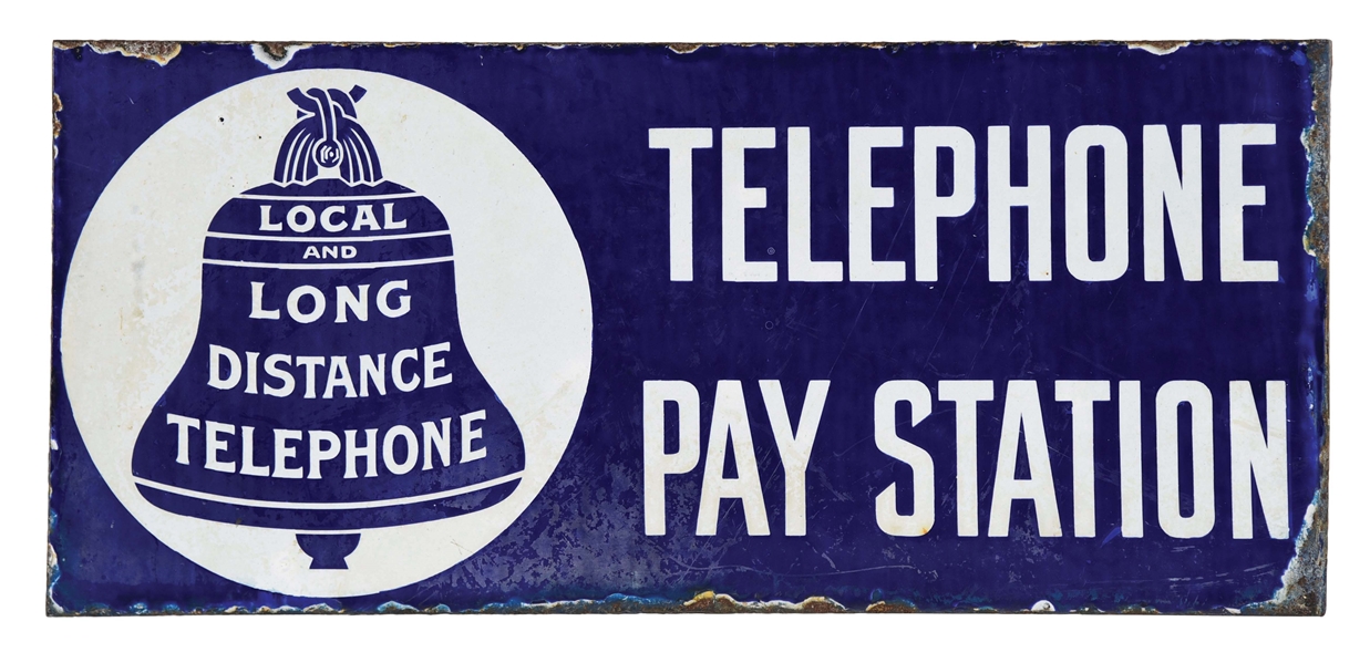 TELEPHONE PAY STATION PORCELAIN FLANGE SIGN W/ BELL GRAPHIC. 
