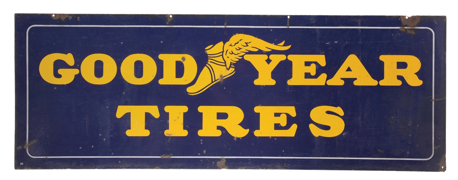 GOODYEAR TIRES PORCELAIN SERVICE STATION SIGN W/ WINGED FOOT GRAPHIC. 