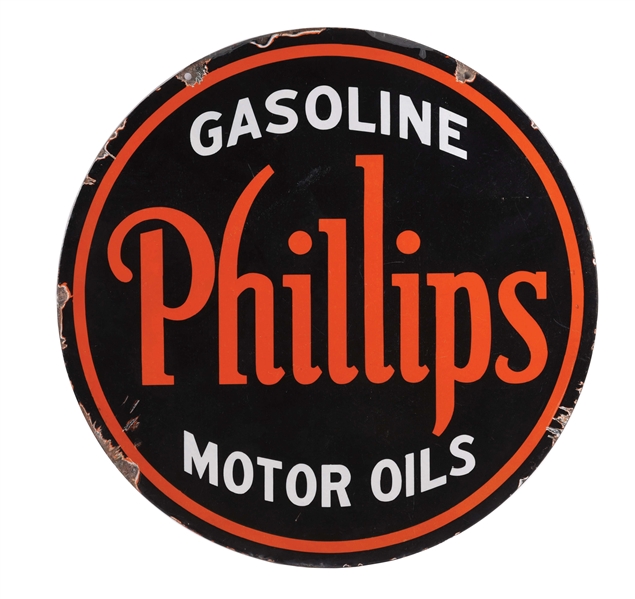 RARE PHILLIPS 66 GASOLINE & MOTOR OILS PORCELAIN CURB SIGN. 