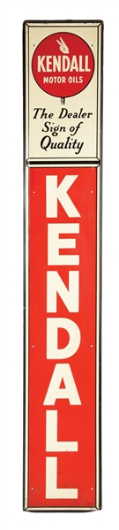 KENDALL MOTOR OILS EMBOSSED TIN VERTICAL SIGN W/ CURB SIGN GRAPHIC. 