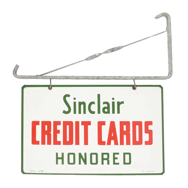 SINCLAIR CREDIT CARDS HONORED PORCELAIN SERVICE STATION SIGN W/ ORIGINAL METAL HANGER. 