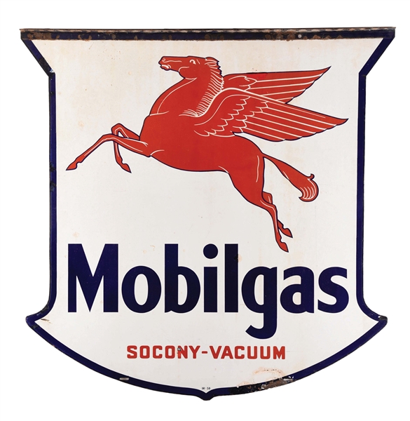 MOBILGAS PORCELAIN SERVICE STATION SHIELD SIGN W/ PEGASUS GRAPHIC.